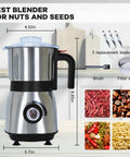 Powerful 500W Spice And Nut Grinder With 3 Stainless Steel Blades, 600ML Capacity, shown with accessories in sleek black.