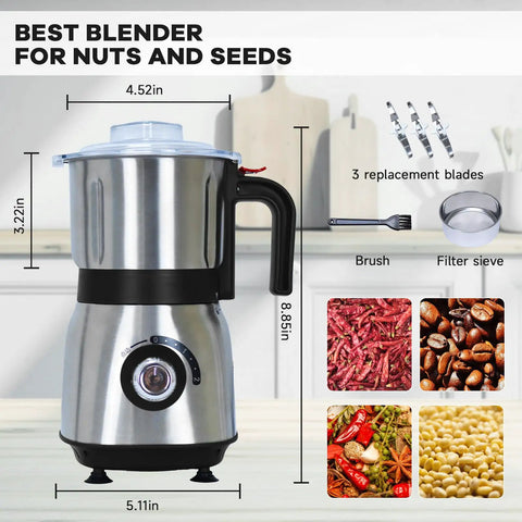 Powerful 500W Spice And Nut Grinder With 3 Stainless Steel Blades, 600ML Capacity, shown with accessories in sleek black.