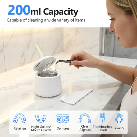 Clean clear aligners in 200ml ultrasonic retainer cleaner, showcasing user with metal tool, modern bathroom setting.