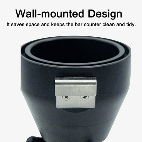 No Fuss Wall Mounted Coffee Bean Dispenser Set top view showing sleek black design and stainless steel clip for easy use.