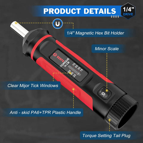 Beefy 41-Piece Torque Screwdriver Set With 15-75 In-Lb Click-Type Torque Driver, One-Quarter Inch Drive, S2 Alloy Steel Bits, Includes Phillips Pozidriv Slotted Torx Hex Bits In Compact Case For Gunsmithing, Bike Repair, And Scope Mounts. 1/4" torque driver with clear scale and anti-skid handle