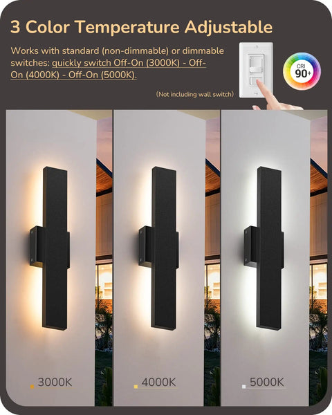 Top Shelf Led Outdoor Wall Lights Modern Black Finish showing 3 adjustable color temperatures 3000K, 4000K, and 5000K.