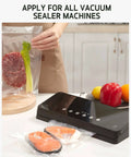 Commercial Grade Precut Vacuum Sealer Bags Set 11x16 Gallon, with food inside and vacuum sealer on kitchen counter