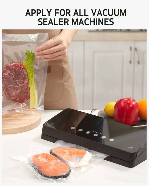 Commercial Grade Precut Vacuum Sealer Bags Set 11x16 Gallon, with food inside and vacuum sealer on kitchen counter