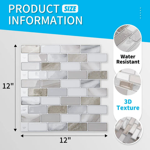 12x12 Peel And Stick Backsplash Tile Self Adhesive Mosaic For Kitchen Jade Design 6 Pack Covers About Five Point Four Square Feet With Easy Install No Grout Mess Durable 3D Look And Flexible Removable Tiles product size information with water-resistant feature and 3D texture