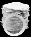 10pcs Shower Drain Hair Catcher Mesh Stickers, Square stacked and fanned out, showcasing their round mesh design for easy drain use.