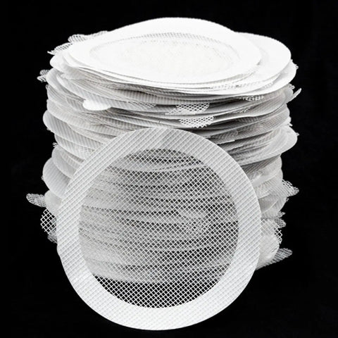 10pcs Shower Drain Hair Catcher Mesh Stickers, Square stacked and fanned out, showcasing their round mesh design for easy drain use.