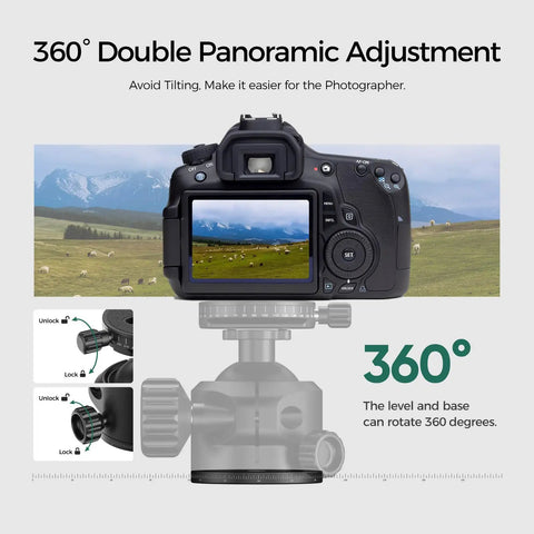Low Profile Camera Tripod Ball Head Mount With 55mm Ball, 360° Swivel And 90° Tilt, Arca-Swiss Compatible, Ultra Stable For No Shake And Smooth Panoramic Shots, Lightweight And Durable Mount For DSLRs And Mirrorless Cameras, showing 360° base rotation