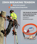 Heavy Duty Tree Climbing Rope With Steel Core Flip Line Half Inch Twelve Feet Triple Lock Carabiner Adjuster Steel Swivel Snap Cut Resistant Arborist Gear For Safe Fall Protection in use by arborist.