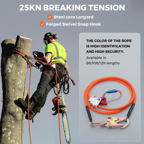 Heavy Duty Tree Climbing Rope With Steel Core Flip Line Half Inch Twelve Feet Triple Lock Carabiner Adjuster Steel Swivel Snap Cut Resistant Arborist Gear For Safe Fall Protection in use by arborist.