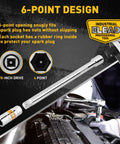 Three Eighths Inch Drive Spark Plug Socket Set With Universal Joint And Six Inch Extension Bar showing 6-point design in use
