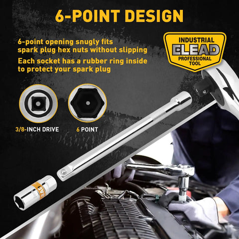 Three Eighths Inch Drive Spark Plug Socket Set With Universal Joint And Six Inch Extension Bar showing 6-point design in use