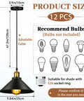 12 Pack Black Industrial Pendant Lights Set With Vintage Dome Design, dimensions and bulb recommendations shown