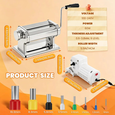 Pro Electric Polymer Clay Press Machine With 9 Thickness Settings And Dual Manual Or Power Modes, showing dimensions and color coding for cutters.