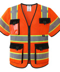 Boss Level High Visibility Reflective Safety Vest For Men And Women Featuring Long Sleeves And Storage Pockets Meets Ansi Class 3 Standards In Bright Orange with multiple pockets.