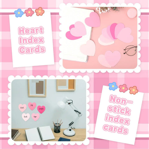 Pink Heart Index Cards Pack, 150 Count, 3x3 Inch Note Cards for School, Study, Office with colorful heart-shaped designs on desk.