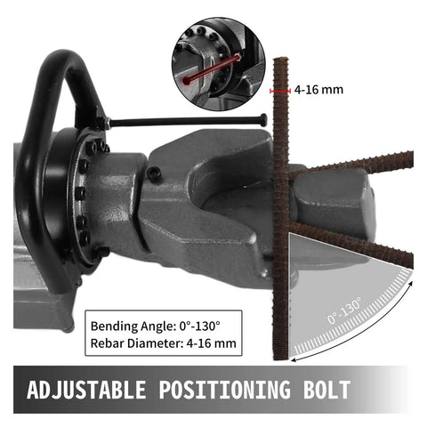 Pro Level Electric Hydraulic Rebar Bender Built To Go Toe To Toe With 5 8 Inch Steel Bars And Deliver Smooth Zero To 130 Degree Angles With Zero Sweat and Rock Solid 900 Watt Performance, showing adjustable positioning bolt.