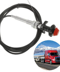 Beefy 10ft Vernier Locking Throttle Cable for Trucks with black knob and red tip next to a semi-truck on a road.