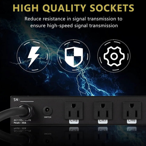 Tough As Nails 10 Socket Power Conditioner Surge Sequencer With Quick USB Type C Charger 3300W Rack Mount featuring high-quality sockets.