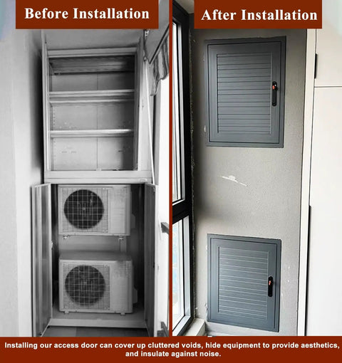Built To Last Lockable Access Door For Crawl Spaces And Attic Walls With Smooth Heavy Duty Hinges Thick Aluminum Frame Hassle Free Inspection Panel 34 By 40 Inches Gray, before and after installation images.
