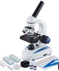 40X To 1000X Student Cordless LED Compound Microscope With Slide Preparation Kit displayed with accessories