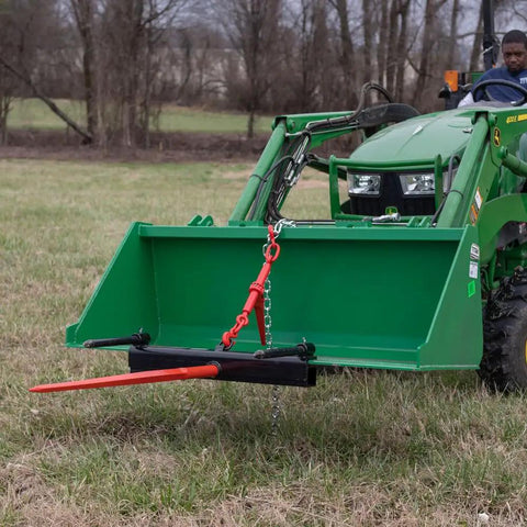 Hay Bale Spear Frame Attachment For Universal Front Loader Buckets Heavy Duty Skid Steer Loader 3000 Lb Capacity Conus 2 Sleeves Chain And Ratchet Binder Included Easy Slide On.