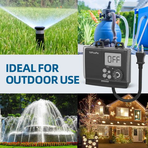Hassle Free Digital Outdoor Timer Rock Solid Weatherproof Build Features Slick Dial Programming Plus Dual Grounded Outlets Made For Pool Pumps Yard Lights And Home Gear displayed with sprinkler, fountain, and decorated house.
