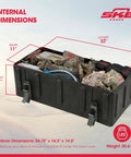 Smooth Ride Mid Size Drum Hardware Case With Roll Along Wheels And Easy Grip Pull Handle For No Sweat Gig Moves Heavy Duty Molded Shell filled with gear, showing internal dimensions.