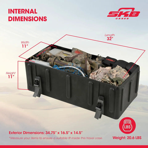 Smooth Ride Mid Size Drum Hardware Case With Roll Along Wheels And Easy Grip Pull Handle For No Sweat Gig Moves Heavy Duty Molded Shell filled with gear, showing internal dimensions.