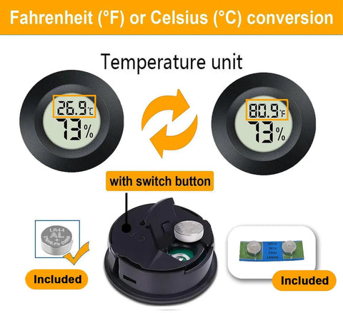 2-Pack Digital Hygrometer Thermometer Humidity Monitor For Indoor Outdoor Use, Reptile Terrarium Greenhouse Humidors Jars With Fahrenheit And Celsius Readout, round black plastic unit