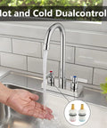 Slick Polished Chrome Bar Sink Faucet Featuring A Solid Four Inch Centerset Spout Rising Eight Point Three Inches Crafted From Tough SUS304 Steel With Zero Fuss Operation For Laundry Bar Cabinet Or Rv Setup That Really Stands Out with dual control handles dispensing water.