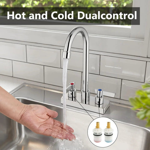 Slick Polished Chrome Bar Sink Faucet Featuring A Solid Four Inch Centerset Spout Rising Eight Point Three Inches Crafted From Tough SUS304 Steel With Zero Fuss Operation For Laundry Bar Cabinet Or Rv Setup That Really Stands Out with dual control handles dispensing water.