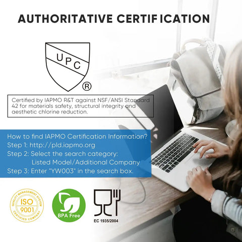 Image of laptop with certification details for Slick Rv Water Filter System For Garden Pool Spa Camper Marine Boat Hose Cuts Chlorine And Heavy Metals For Hella Crisp Drinking Water No Sweat Car Washing Clean 2 Pack.