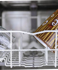 50 Piece Flexible Dishwasher Rack End Covers Tough Vinyl Caps For Prong Guard in a dishwasher with glasses and cups.