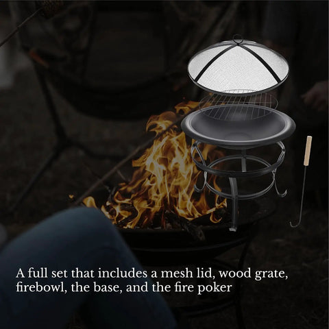 22 Inch Outdoor Wood Burning Fire Pit With Mesh Lid And Fire Picker Durable Alloy Steel Pit For Backyard Porch Deck Camping And BBQ