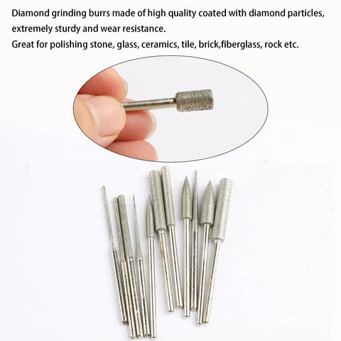 Diamond Grinding Burr Drill Bit Set For Rotary Tools, 11-Piece Pro Grade Polishing Kit With 1/8 Inch Shank on white background