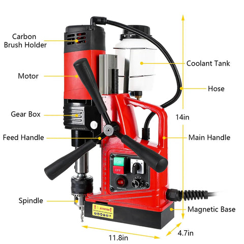 Heavy Duty Magnetic Drill Press With Powerful 1550W Motor For Metal Surface Applications Portable Electric Drilling Machine close-up showing motor, gear box, and coolant tank