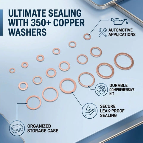 Go-To Copper Crush Washer Set Kit 350 Pcs in 18 Sizes for Automotive, Marine, Plumbing and Oil Drain Plug Seals - Pro Grade Copper Gasket Assortment for Premium Material Washers. Copper washers in organized case