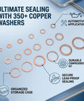 Pro Copper Crush Washer Set 350 Piece Brass Gasket Assortment 18 Metric Sizes Oil Drain Plug Seals, copper washers arranged in case
