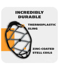 Top Shelf Snow And Ice Walking Traction Cleats Slip On Nonslip Shoe Covers showing thermoplastic sling and zinc-coated steel coils.