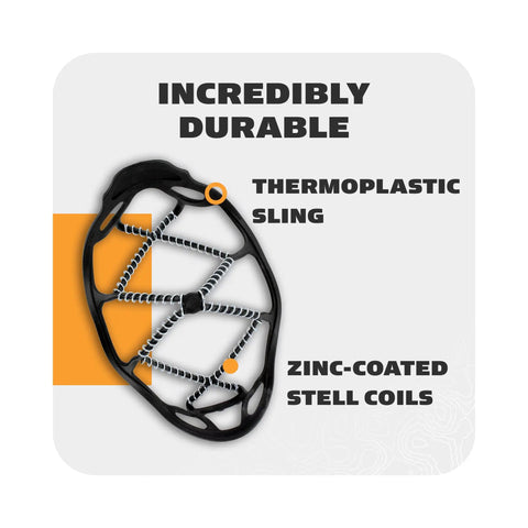 Top Shelf Snow And Ice Walking Traction Cleats Slip On Nonslip Shoe Covers showing thermoplastic sling and zinc-coated steel coils.
