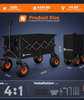 38 Inch Collapsible Beach Wagon With 10 Inch Balloon Wheels For Sand All Terrain Heavy Duty Beast Hauler 460 Pound Capacity Foldable Wagon For Camping Groceries And Sports Black displayed next to folded compact version, showcasing measurements and included tools.