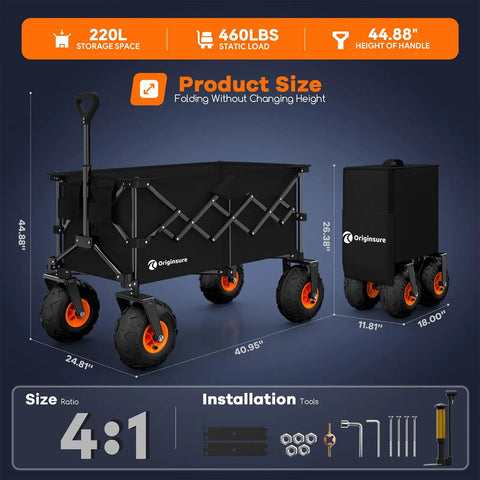 38 Inch Collapsible Beach Wagon With 10 Inch Balloon Wheels For Sand All Terrain Heavy Duty Beast Hauler 460 Pound Capacity Foldable Wagon For Camping Groceries And Sports Black displayed next to folded compact version, showcasing measurements and included tools.
