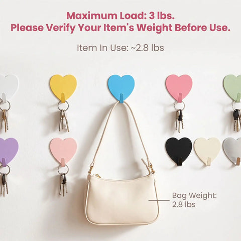 Hella Cute 10 Pack Heart Wall Hooks Super Sturdy Adhesive Mount with bag and keys, colorful heart designs in use.