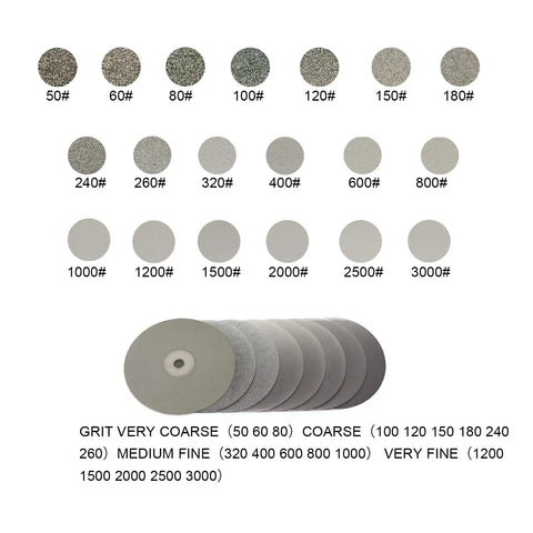 Six-Piece Diamond Flat Lap Wheel Discs 8 Inch By One Half Inch Arbor Pro Grade All-In-One Abrasive Lap Set With Grits shown