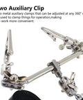 Close-up of metal alligator clips on the 3.5X12X Helping Hands Soldering Station With LED Light And Alligator Clips, Magnifier Stand.
