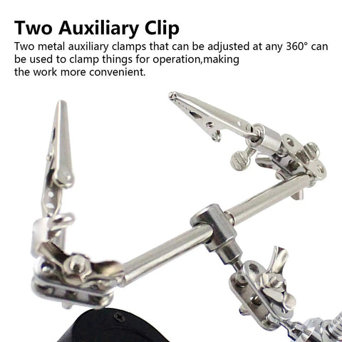 Close-up of metal alligator clips on the 3.5X12X Helping Hands Soldering Station With LED Light And Alligator Clips, Magnifier Stand.