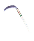 Moon Shaped Front Edge Blade For Scythe With Cobb Pattern, Japanese Made, showing full view with detailed handle design.