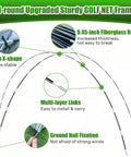 Diagram of frame structure for 10x7Ft Golf Net With Practice Mat, showing fiberglass rods, X-shape, and ground nail fixation.
