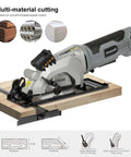 Inequalit mini circular saw, corded 4A 3500RPM with 4-1/2 in. 24T blade and laser guide on wood workbench.